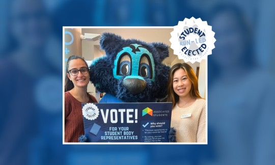 Two students posing with Lobo holding a flier that says "Vote for your student body representatives".