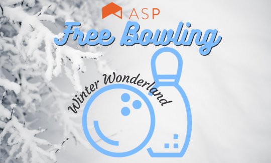 snowy trees with an animated bowling ball and pin 