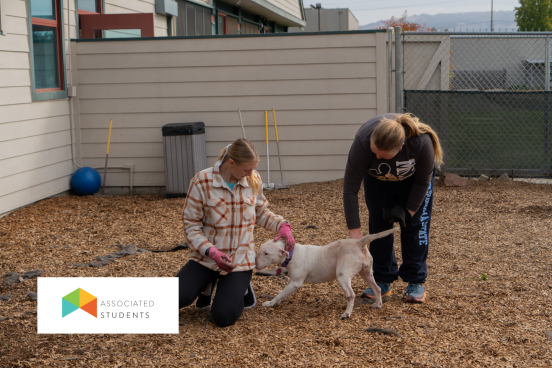 Two students petting a dog.