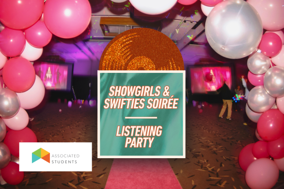 Ping balloon arch with graphic of a sparkly record and text " Showgirls and Swifties Soiree Listening Party"