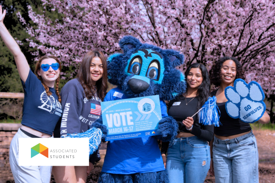 Students wearing SSU spirit posing with the Lobo Mascot holding a sign that says "VOTE".