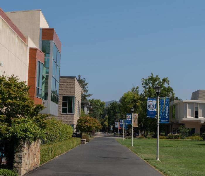 Student Center and walkway outside of person lawn.