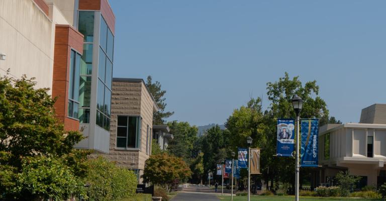 Student Center and walkway outside of person lawn.