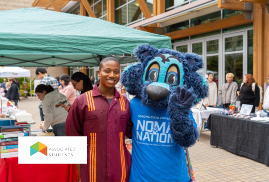 Student posing with Lobo in front of a vendor stand in Seawolf Plaza.