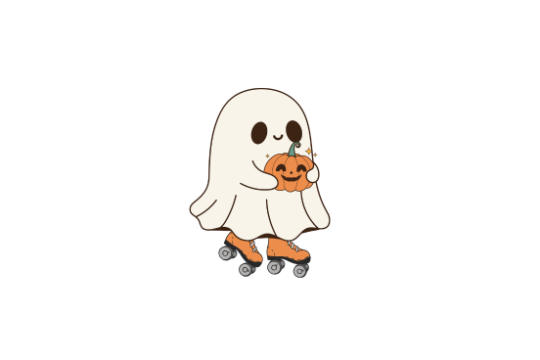 Ghost holding a pumpkin while roller skating.