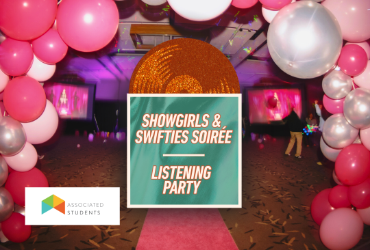 Ping balloon arch with graphic of a sparkly record and text " Showgirls and Swifties Soiree Listening Party"