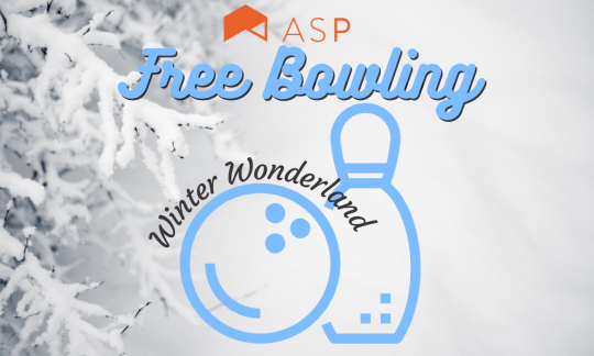 snowy trees with an animated bowling ball and pin