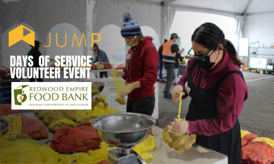 Volunteers bagging produce.