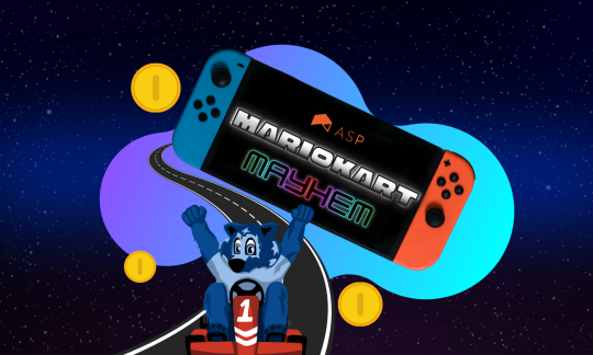 Nintendo switch and Lobo driving a go-kart down a road