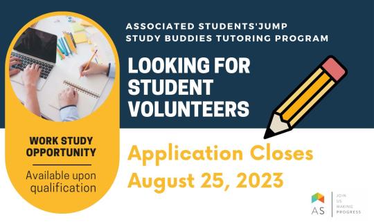 Associated Students' JUMP Program Study Buddies, Applications close August 25, 2023
